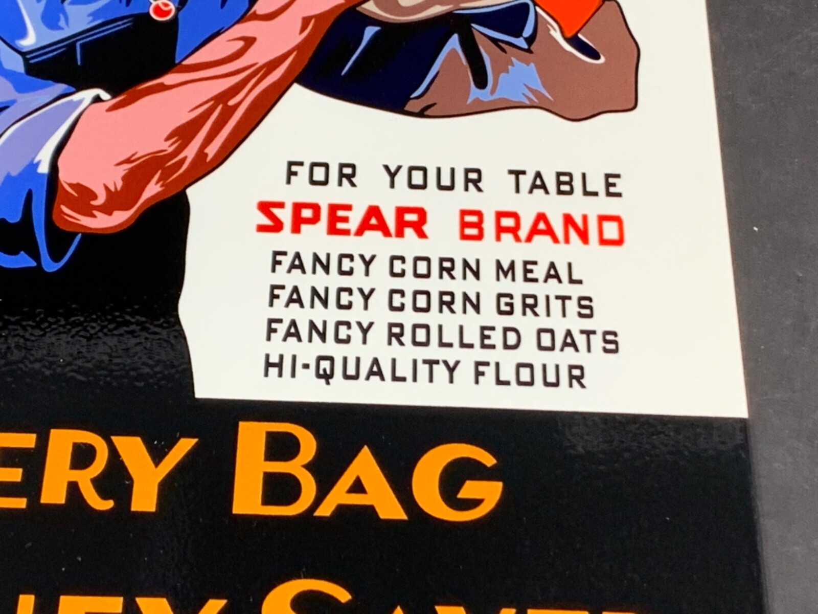 VINTAGE SPEAR BRAND FEEDS ADVERTISING 12″ METAL FLOUR SIGN FOOD BAKERY GAS OIL