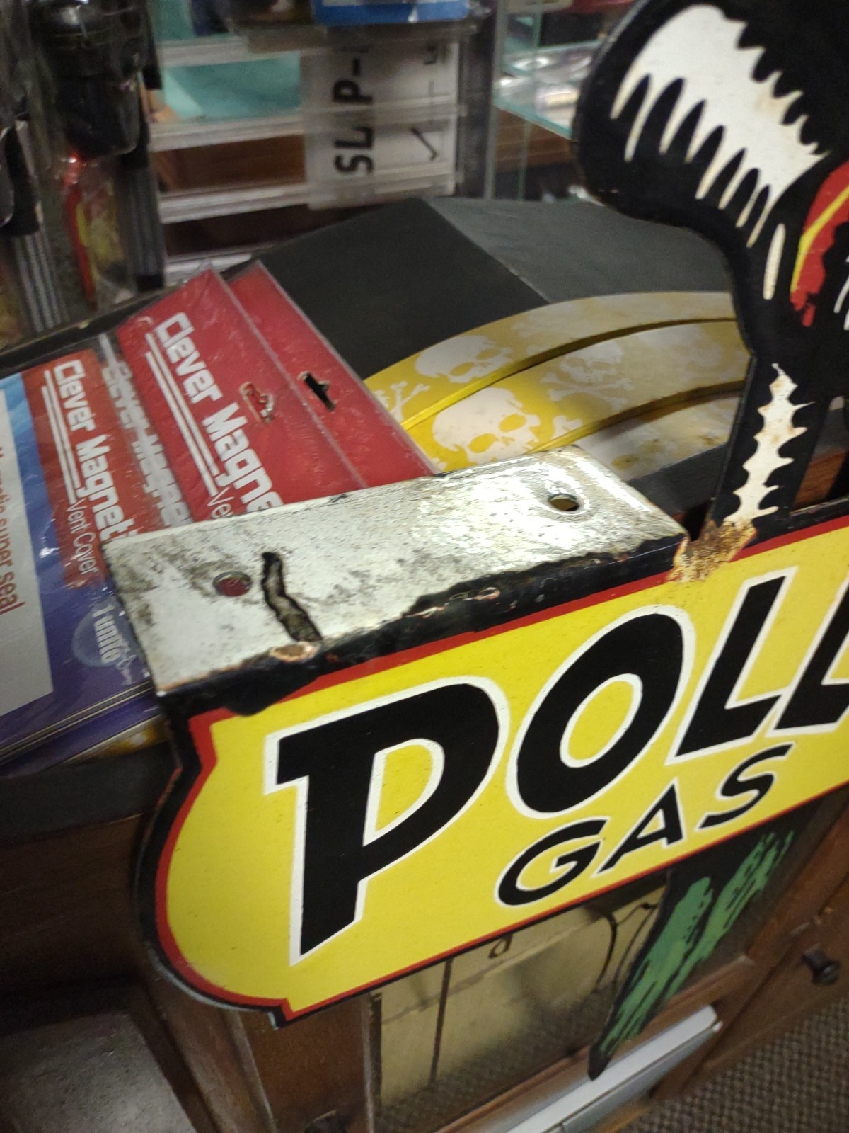 VINTAGE LARGE POLLY PORCELAIN FLANGE SIGN MOTOR OIL GASOLINE PARROT GAS 3FT