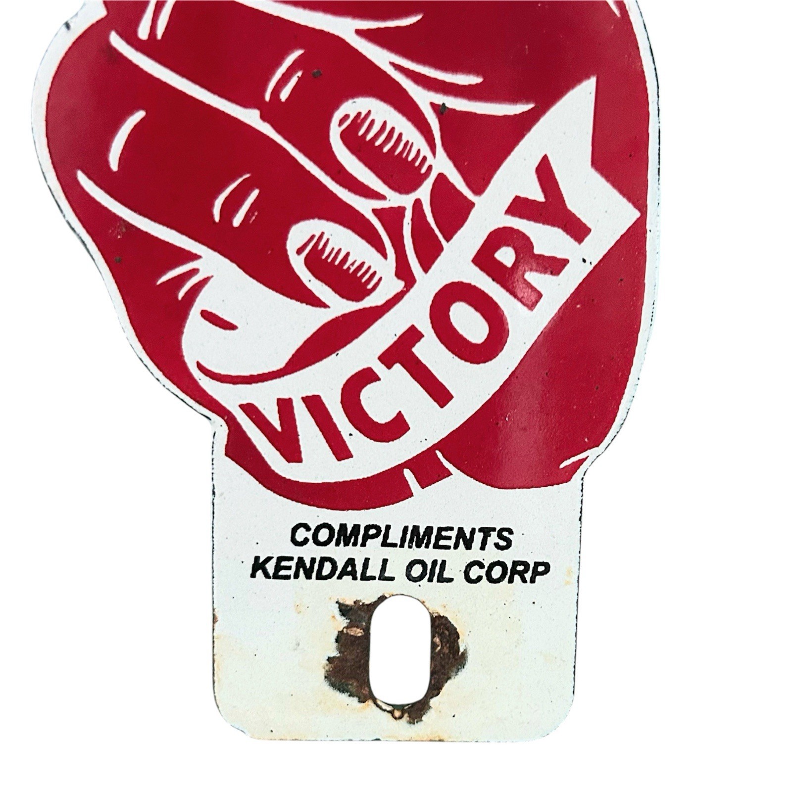 Vintage Kendall Oil Corp Victory Peace Sign Porcelain License Plate Topper