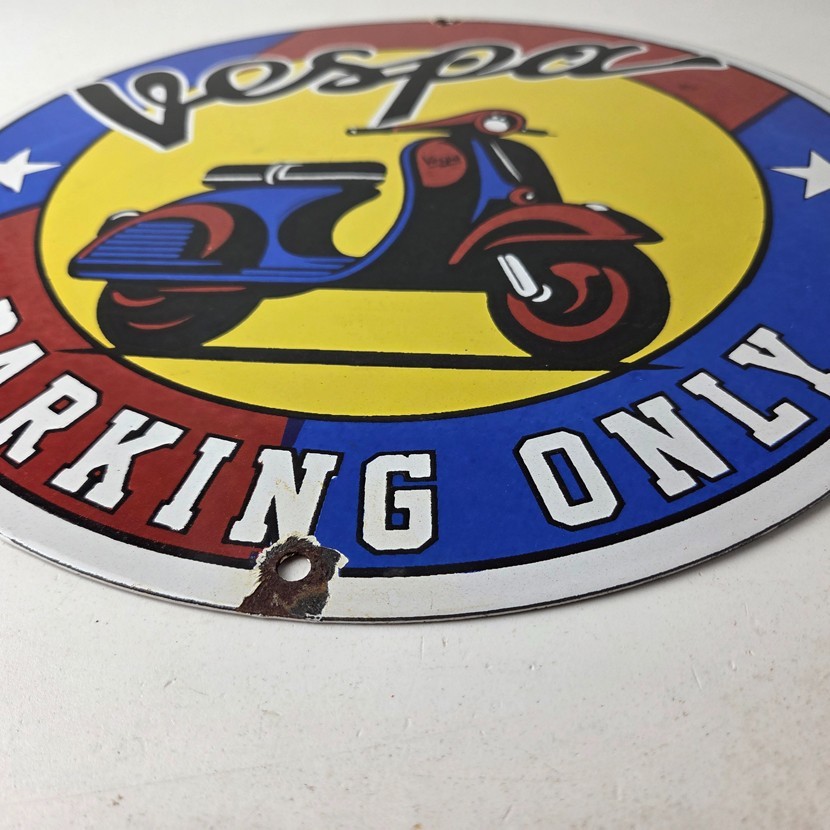 Vintage Vespa Sign – Parking Only Gas Service Station Porcelain Advertising Sign