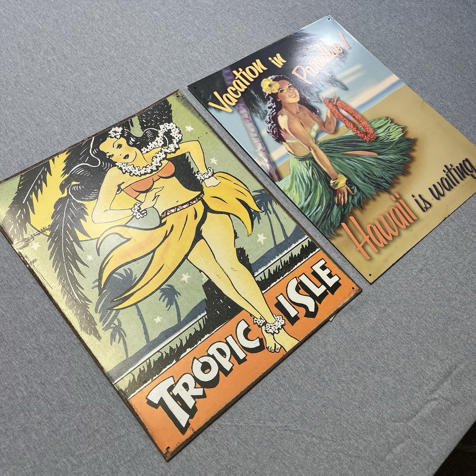 VINTAGE 12×15 in TROPIC ISLE HULA GIRL ADVERTISING SIGN Tin Lot Of 2 See Photos