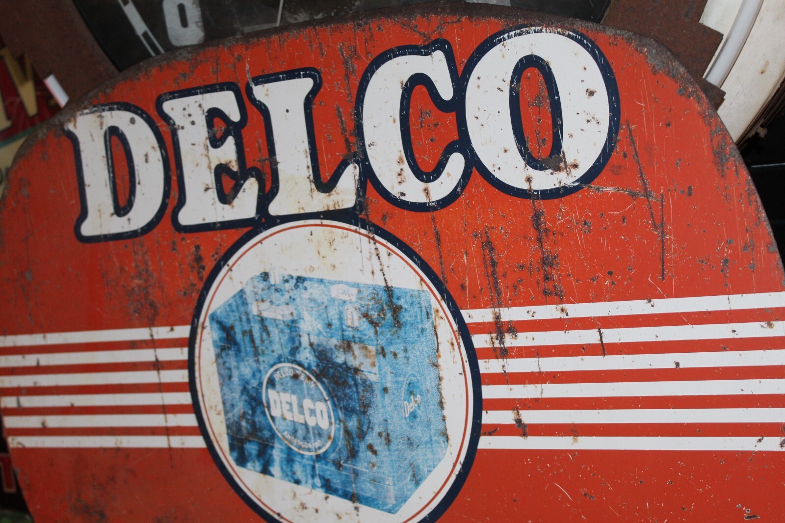 SCARCE 1954 DELCO BATTERIES 2-SIDED PAINTED METAL DEALER SIGN GMC CHEVY GAS OIL