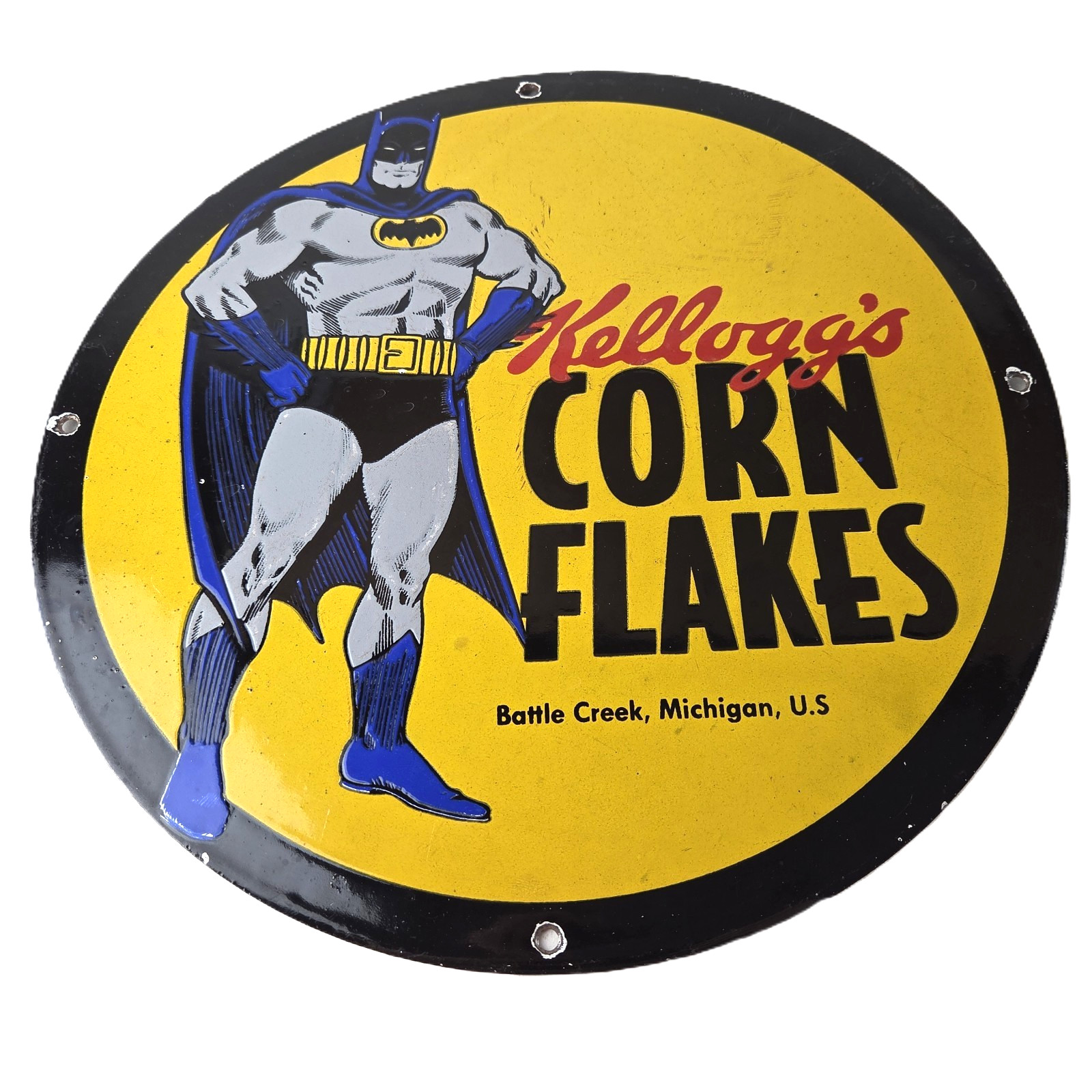 Vintage Kelloggs Sign – Corn Flakes Porcelain Batman Cereal Breakfast Gas Sign