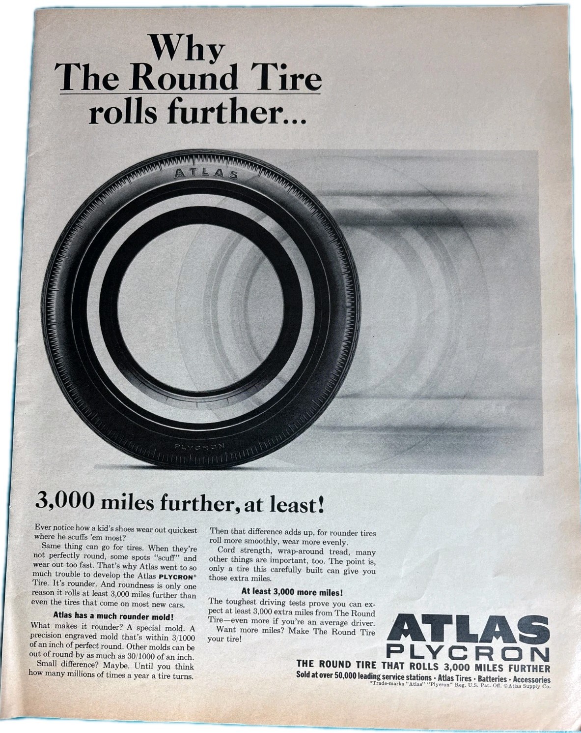 1960s Atlas Plycron Round Tire Print Ad 3000 Miles Petroliana Garage Wall Decor