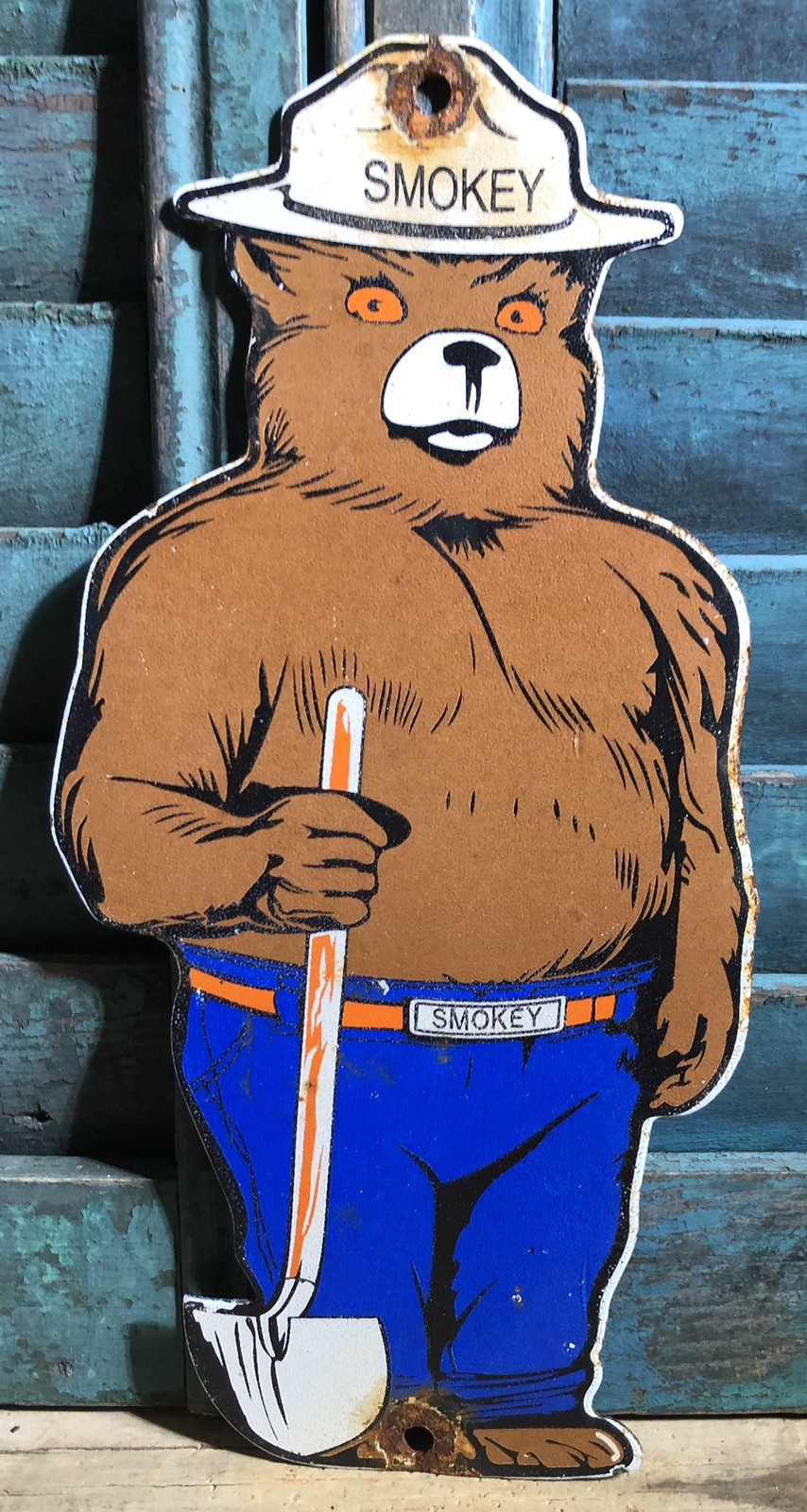 VINTAGE SMOKEY BEAR 10” PREVENT FOREST FIRES PORCELAIN SIGN GAS OIL SERVICE