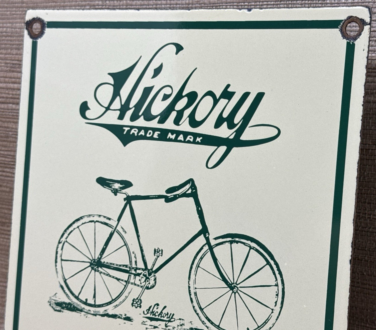 VINTAGE HICKORY BICYCLES PORCELAIN SIGN DEALERSHIP SERVICE WHELL GAS OIL
