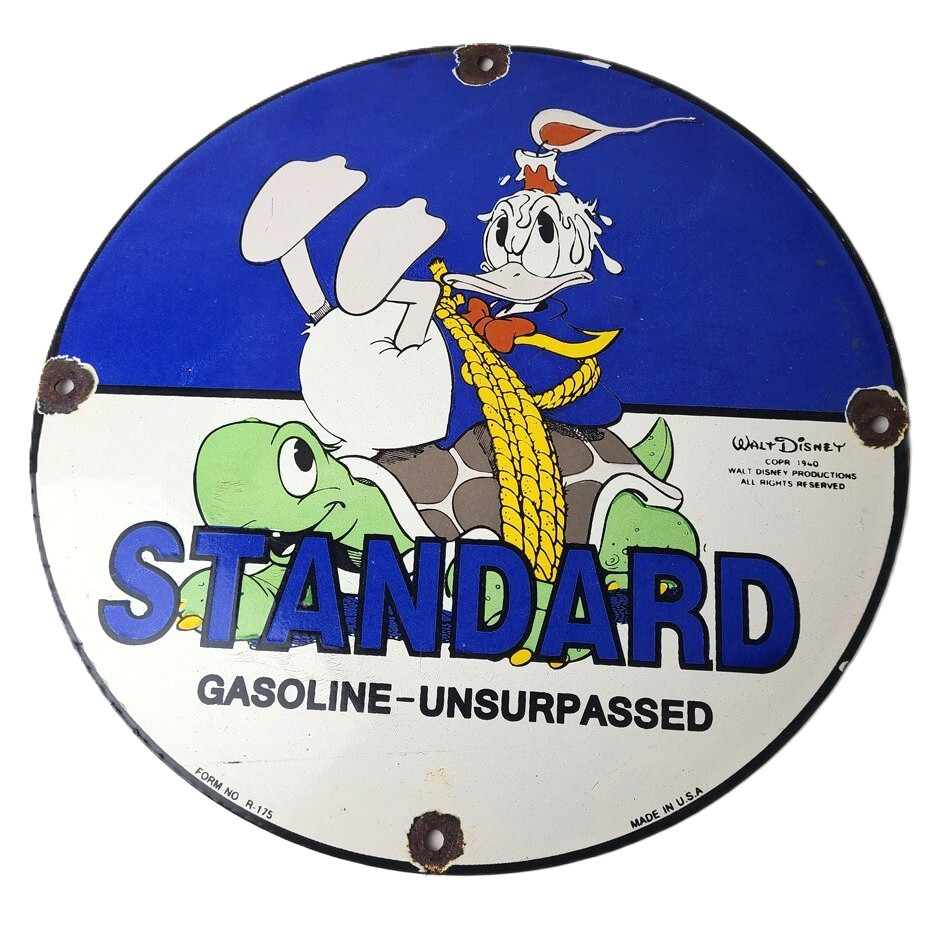 Vintage Standard Gasoline Sign – Gas Oil Pump Plate Walt Disney Porcelain Sign