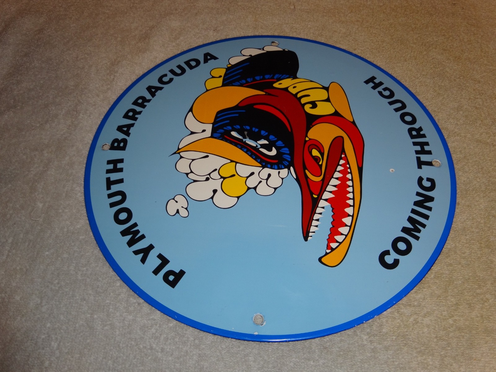 VINTAGE DODGE PLYMOUTH BARRACUDA 11 3/4″ PORCELAIN METAL CAR FISH GAS & OIL SIGN