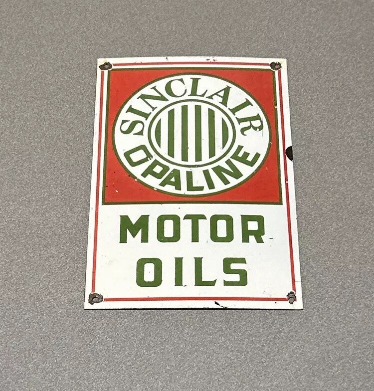 VINTAGE 12” SINCLAIR DINOSAUR OPALINE MOTOR OIL PORCELAIN SIGN CAR GAS