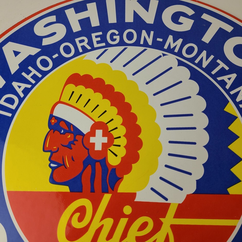 Vintage Washington Gasoline Sign – Indian Chief Gas Pump Porcelain Service Sign