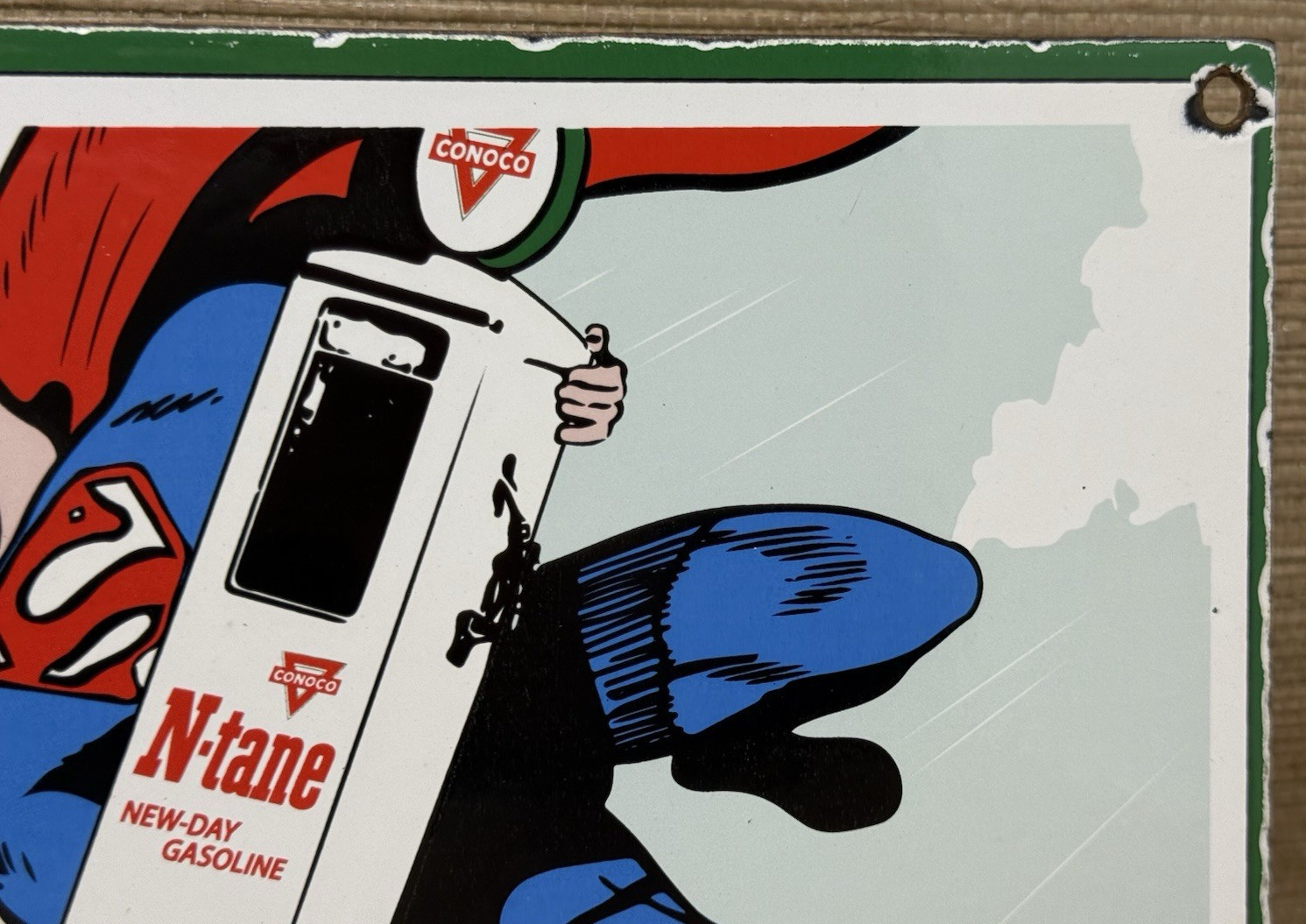 VINTAGE CONOCO SUPERMAN GASOLINE PORCELAIN SIGN GAS STATION PUMP PLATE MOTOR OIL