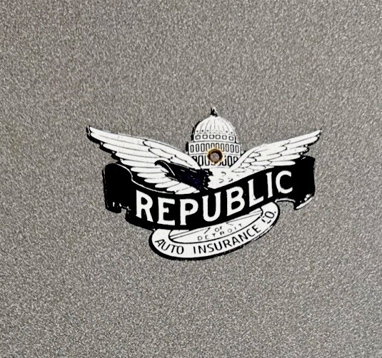 VINTAGE REPUBLIC AUTO INSURANCE PORCELAIN SIGN CAR GAS TRUCK OIL MOTORCYCLE