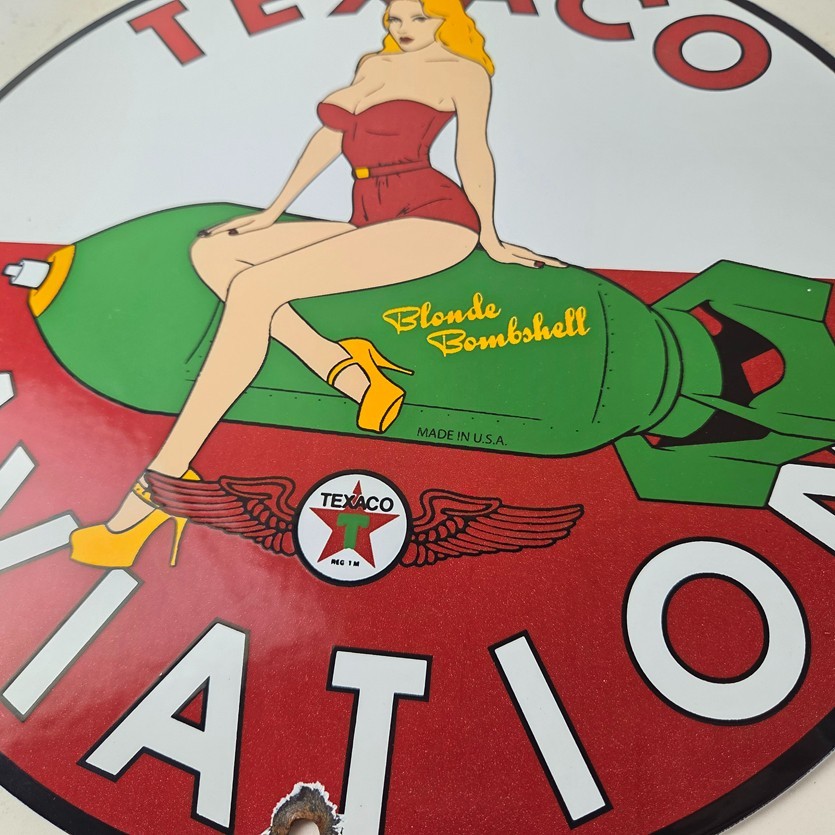 Vintage Texaco Gasoline Sign – Blonde Bombshell Gas Pump Ad Porcelain Sign