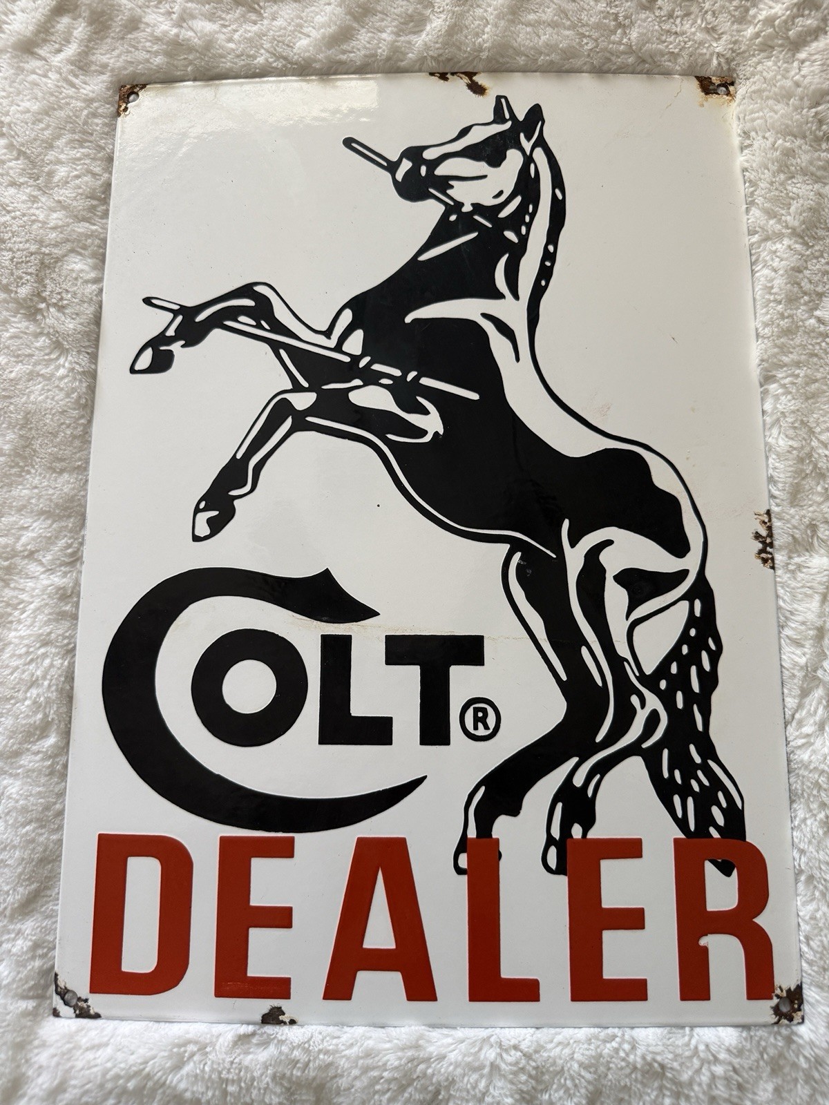VINTAGE “COLT DEALER” FIREARM HORSE PORCELAIN METAL GASOLINE OIL AD SIGN 18×13