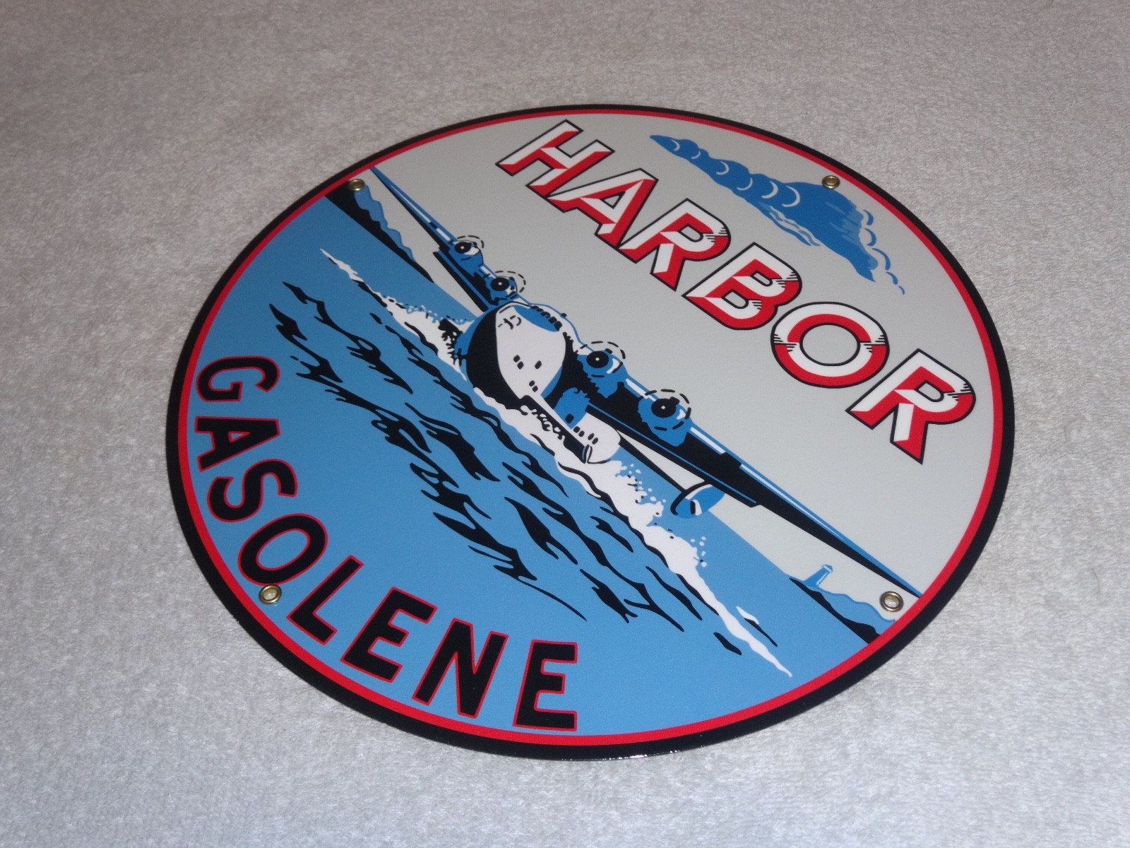 VINTAGE HARBOR GASOLINE AIRPLANE SEAPLANE 11 3/4″ PORCELAIN METAL GAS & OIL SIGN