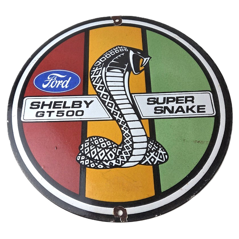 Vintage Ford Motors Porcelain Shelby GT 500 Super Snake Gas Pump Automotive Sign
