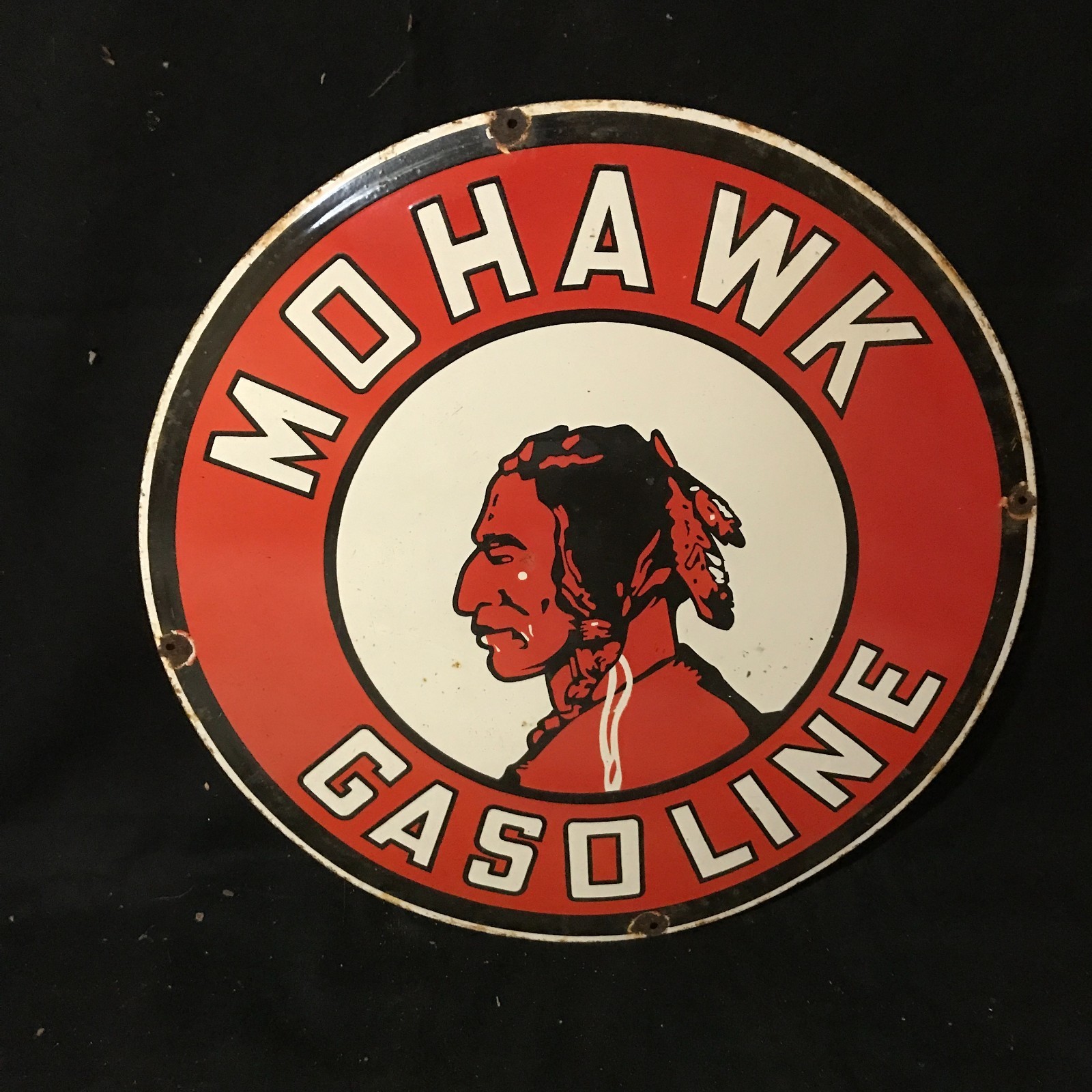 MOHAWK GASOLINE ADVERTISING PORCELAIN ENAMEL SIGN 30 IN ROUND SS