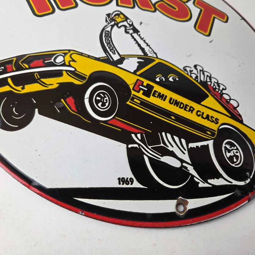 Vintage Plymouth Barracuda Sign – Hurst Hemi Engine Auto Gas Pump Porcelain Sign