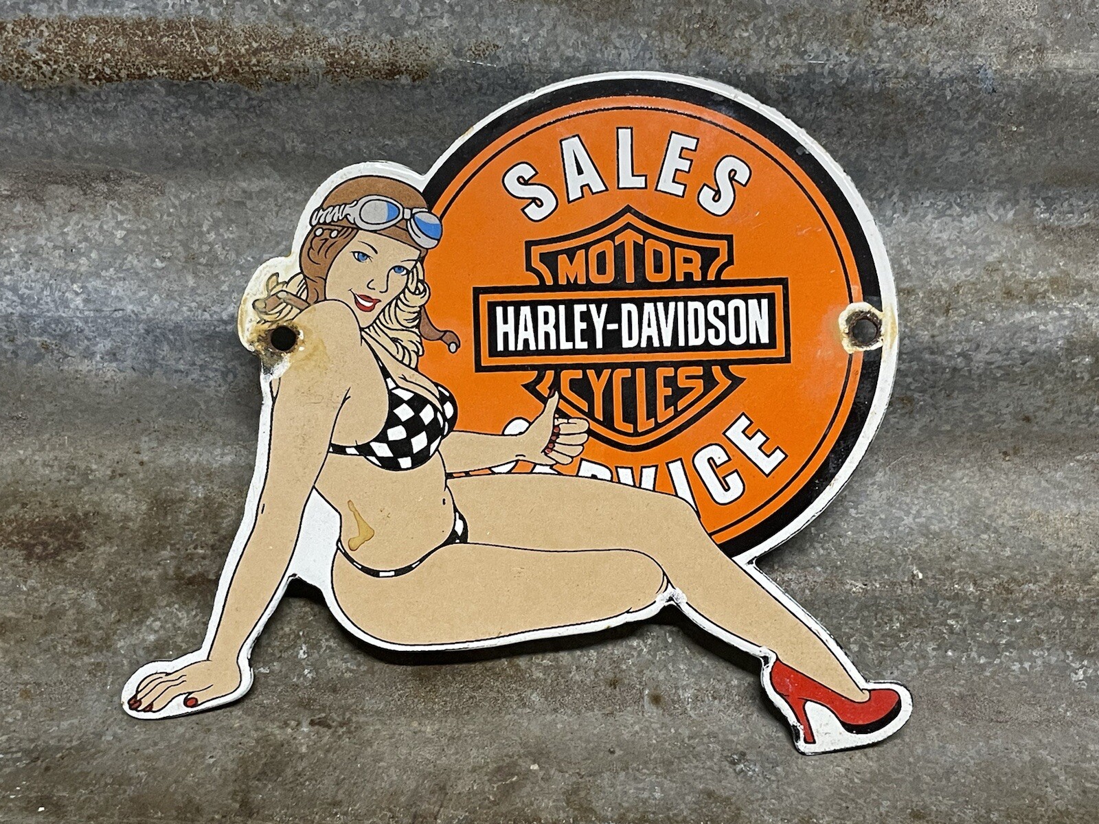 VINTAGE MOTORCYCLE PORCELAIN HARLEY DAVIDSON SIGN SALES GIRL SERVICE GAS PUMP