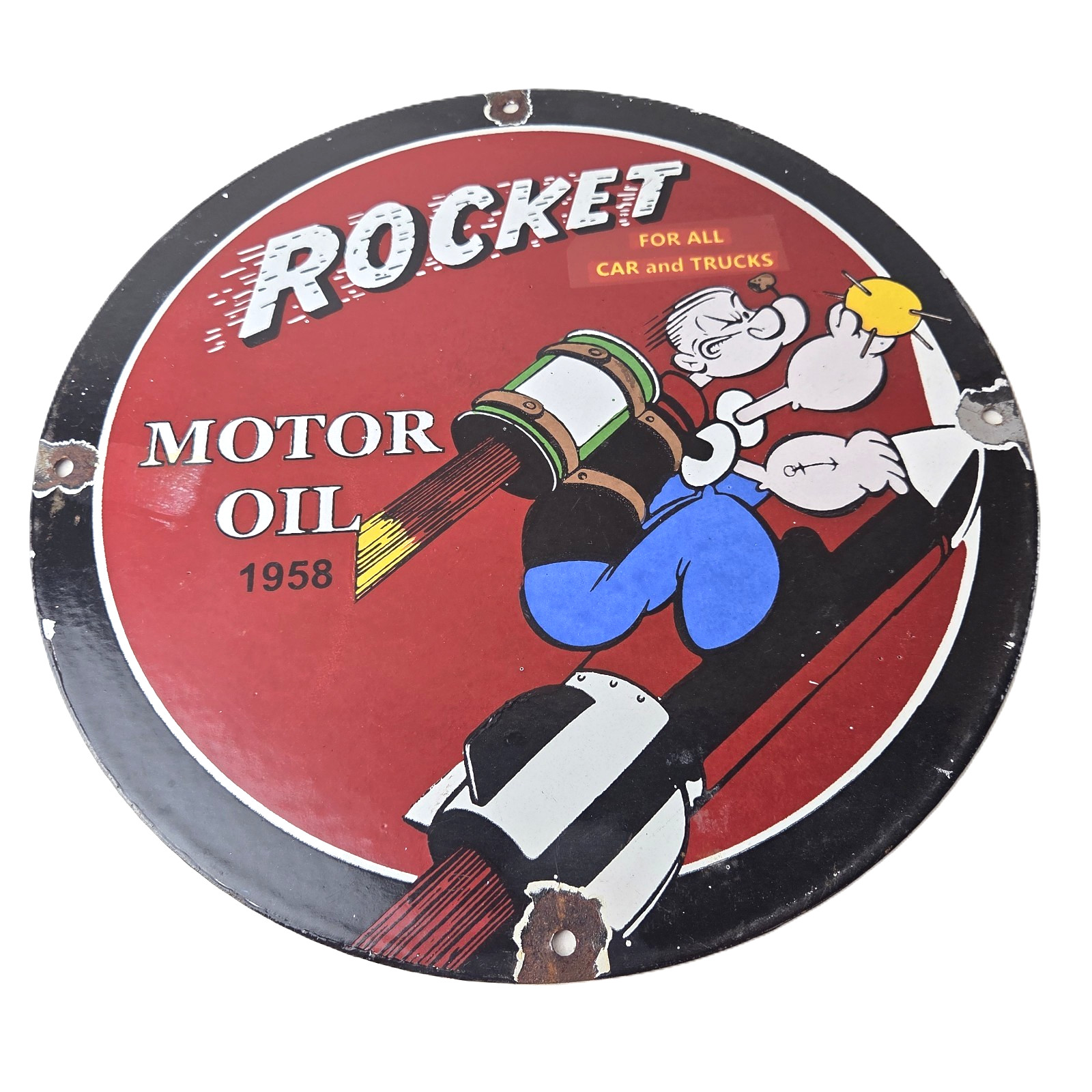 Vintage Rocket Gasoline Sign – Popeye Gas Service Station Porcelain Sign
