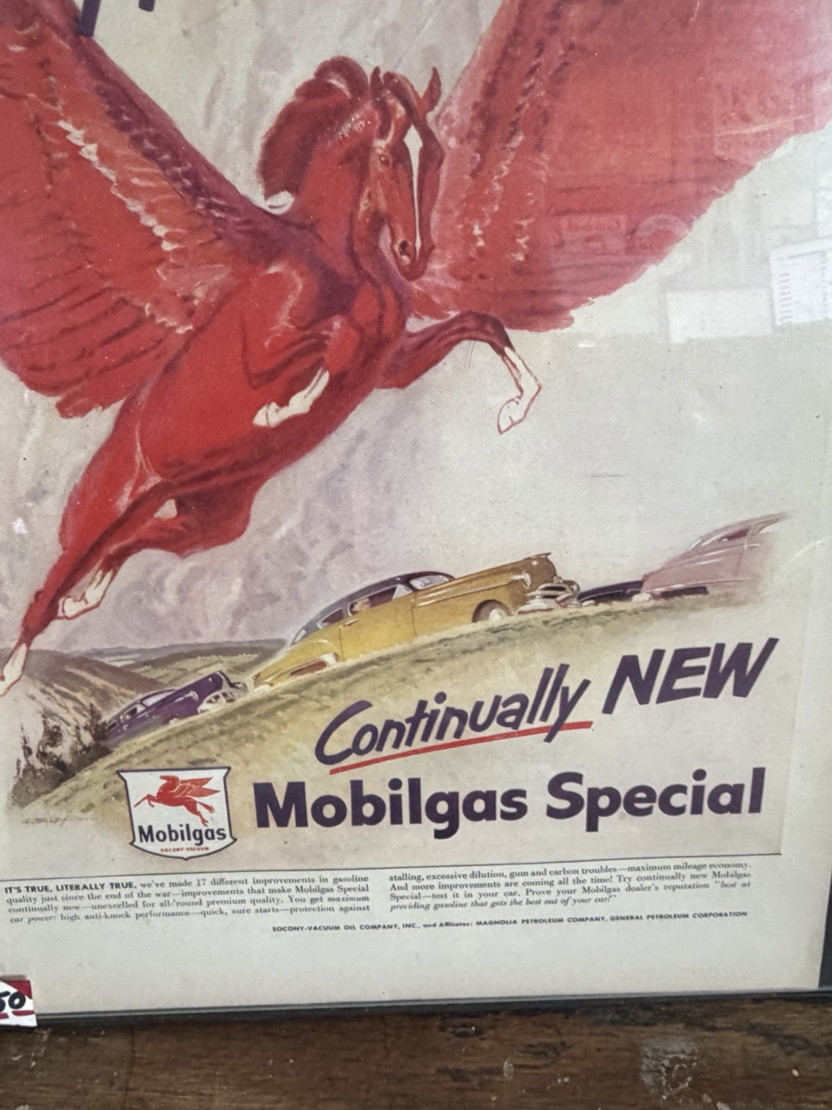 1950 Mobil Gas Framed Pegasus Orignal Sign Antique Old Mobilgas Motor Oil Shield