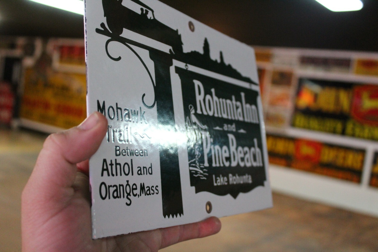 MOHAWK TRAIL PINE BEACH ROHUNTA INN PORCELAIN METAL SIGN MASS GAS OIL CAMPING 66