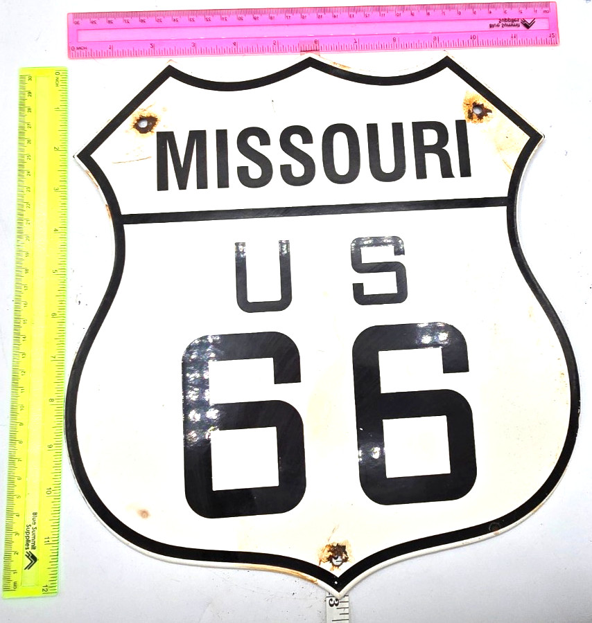 VINTAGE US ROUTE 66 MISSOURI AZ PORCELAIN METAL HIGHWAY SIGN GAS OIL ROAD SHIELD