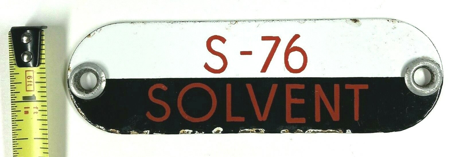Vintage S-76 Solvent Porcelain Gas Fuel Oil Tag Sign Badge – Black, White & Red
