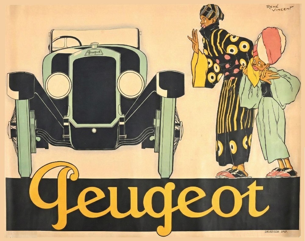 Large Peugeot Banner 48×38 Rene Vincent Art Deco African Women Vintage Car Ad