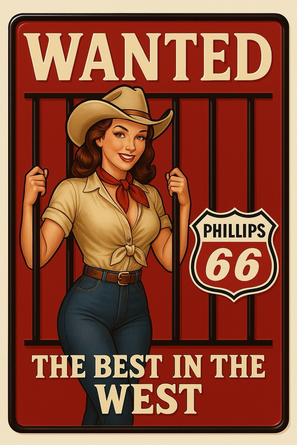 Phillips 66 Cowgirl Wanted Pinup Vintage Style Metal Sign