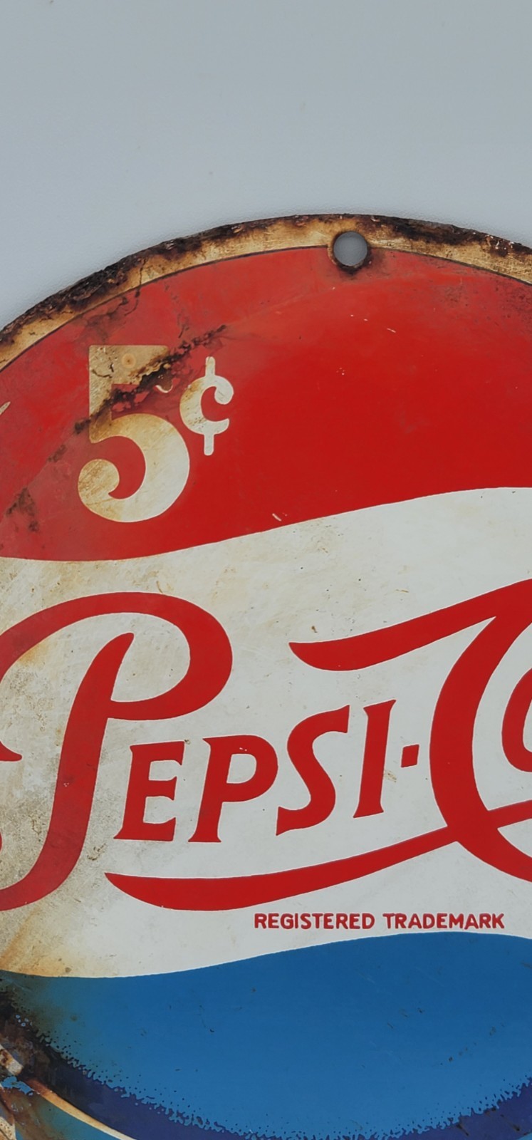 Vintage Distressed 8″ Pepsi Cola Rustic Weathered Porcelain Enameled Metal Sign