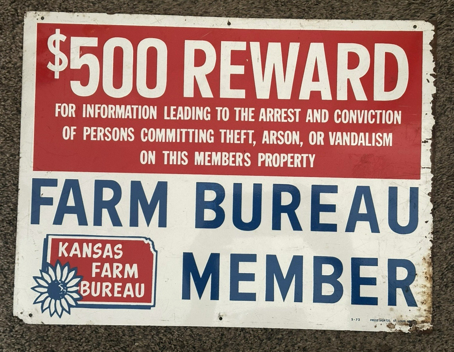 1972 $500 Reward KANSAS FARM BUREAU Tin Sign THEFT CONVICTION St. Louis Maker