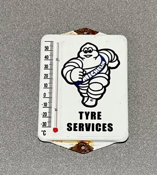 VINTAGE MICHELIN MAN TIRES PORCELAIN THERMOMETER SIGN CAR GAS OIL TRUCK