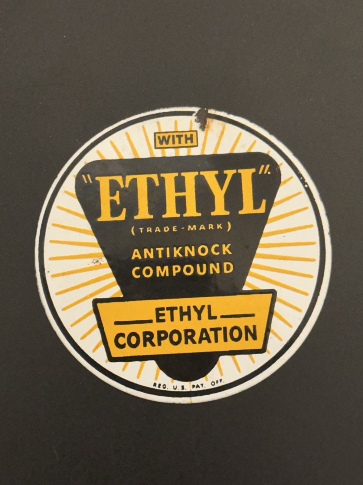 Original Porcelain Ethyl 3” Gas Pump Badge Sign