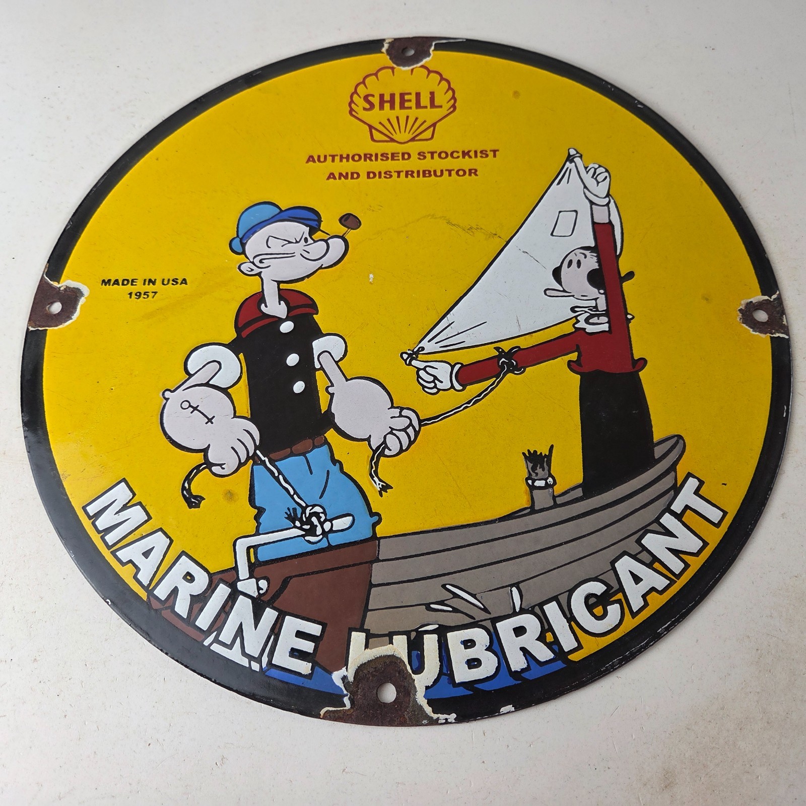 Vintage Shell Gasoline Sign – Popeye & Olive Gas Service Station Porcelain Sign