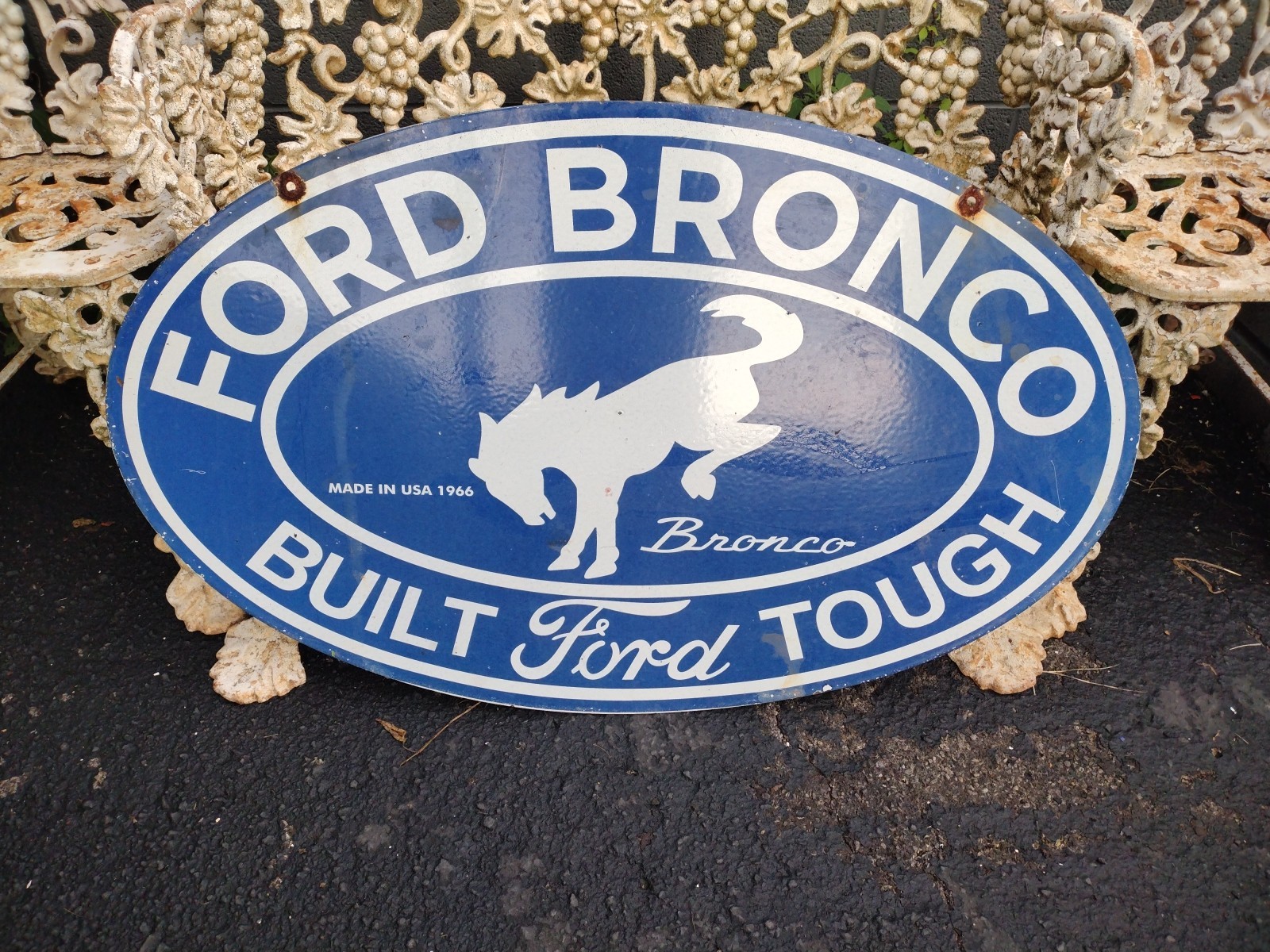Vtg Dated 1966 Ford Bronco Built Tough 4WD Truck 3FT Porcelain Metal Dsp Sign