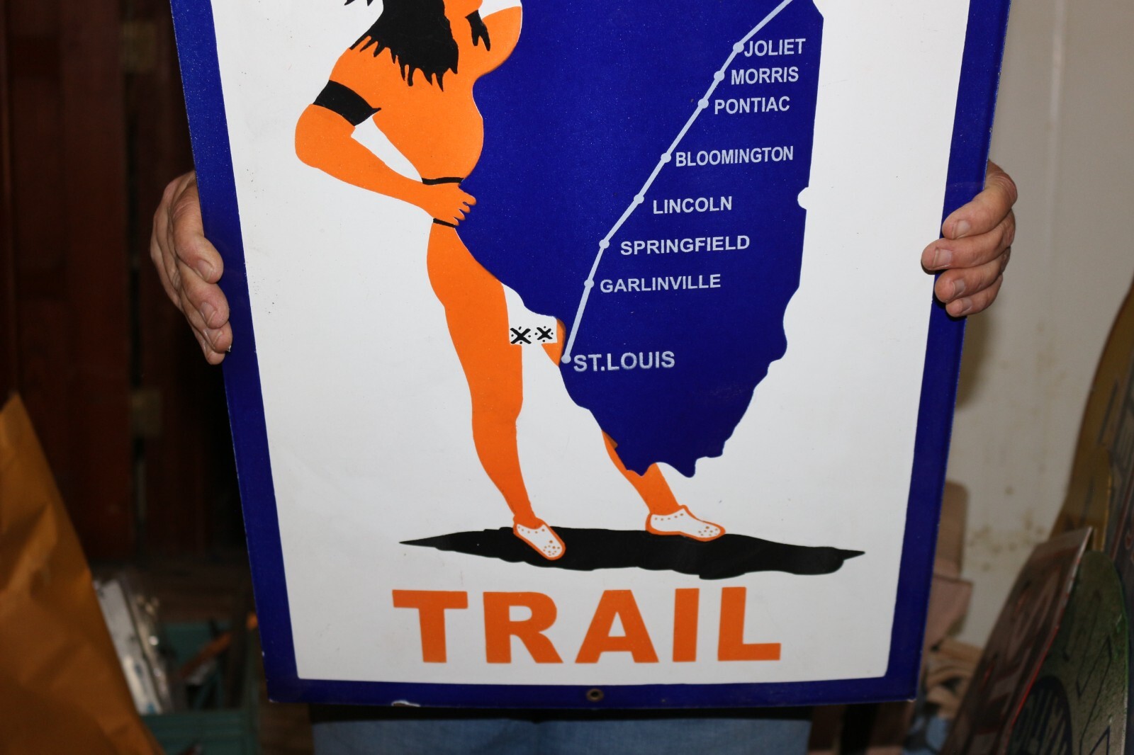Rare Pontiac Trail Chicago St Louis Pre Route 66 Indian 24″ Porcelain Road Sign