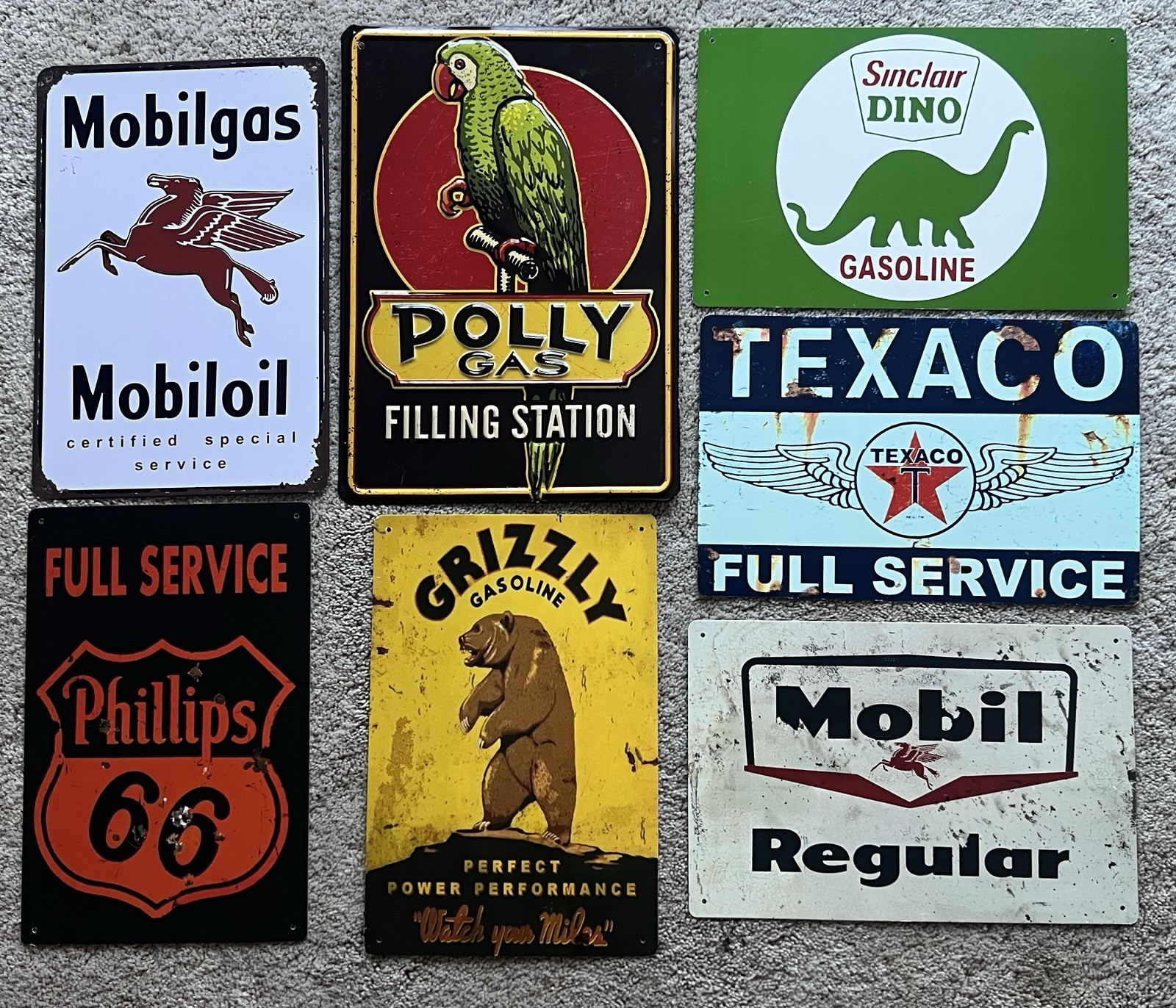 Lot of 7 Gas oil repro vintage tin signs Poly,Sinclair,Mobil,Phillips 66,Texaco
