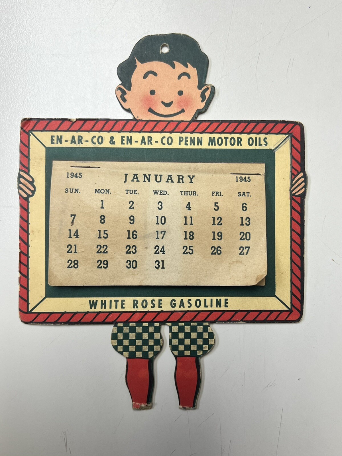 Authentic 1945 EN-AR-CO Penn Motor Oil White Rose Gasoline Sign Calendar