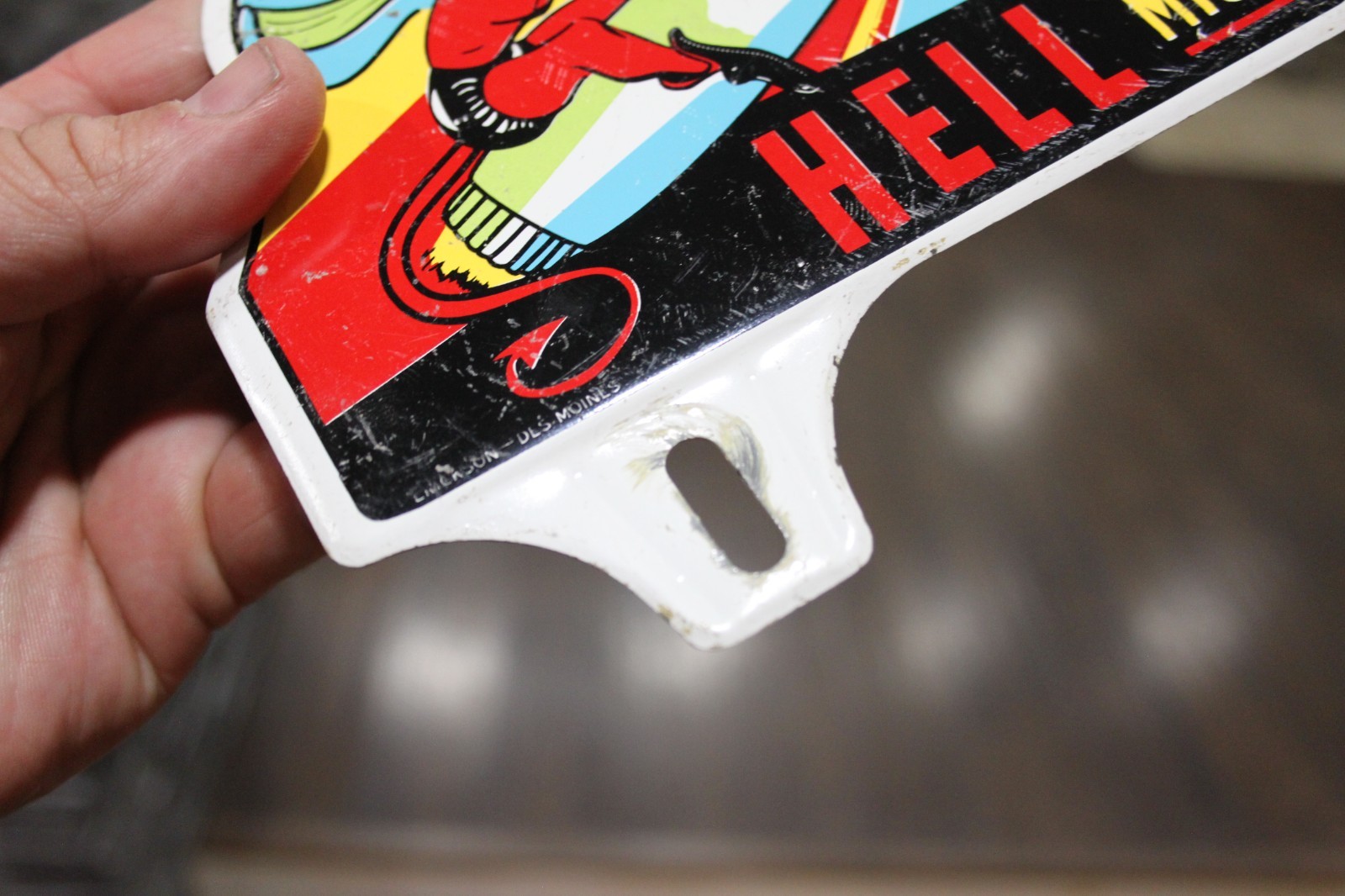 RARE 1950s HELL MICHIGAN SATAN ROCKET STAMPED PAINTED METAL PLATE TOPPER SIGN