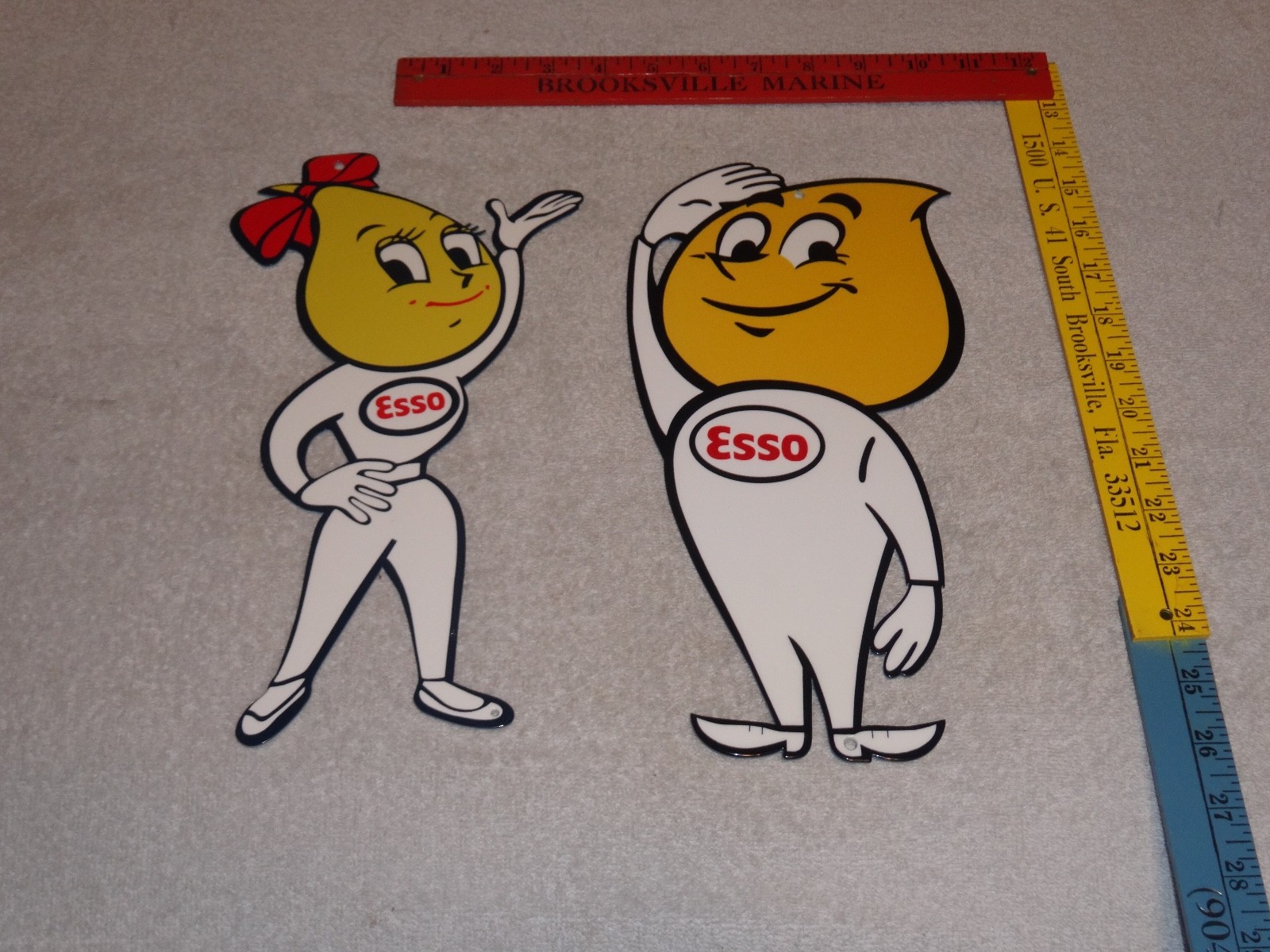 VINTAGE ESSO OIL DROP BOY & GIRL PAIR 12″ METAL GASOLINE OIL ADVERTISING SIGN 2!