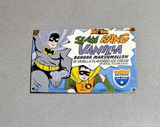 VINTAGE 12” BATMAN ICE CREAM PORCELAIN SIGN CAR GAS TRUCK MOTORCYCLE
