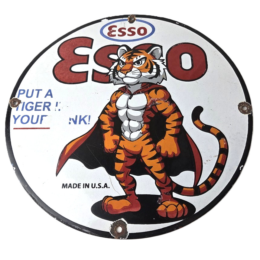 Vintage Esso Gasoline Sign – Gas Exxon Pump Service Automobilia Porcelain Sign
