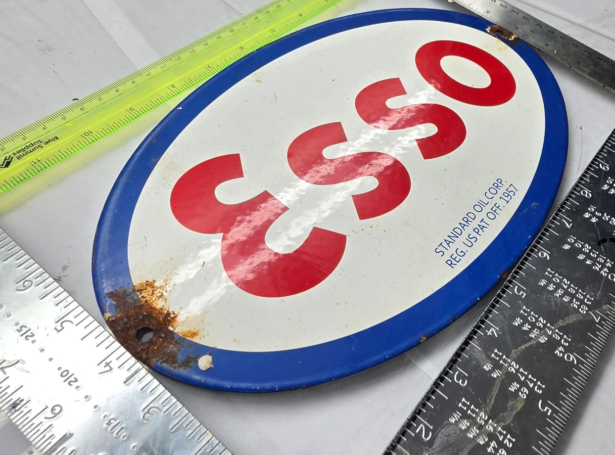 ESSO 12″ VINTAGE Genuine FLAT Gas Pump Plate Service Station Porcelain Sign