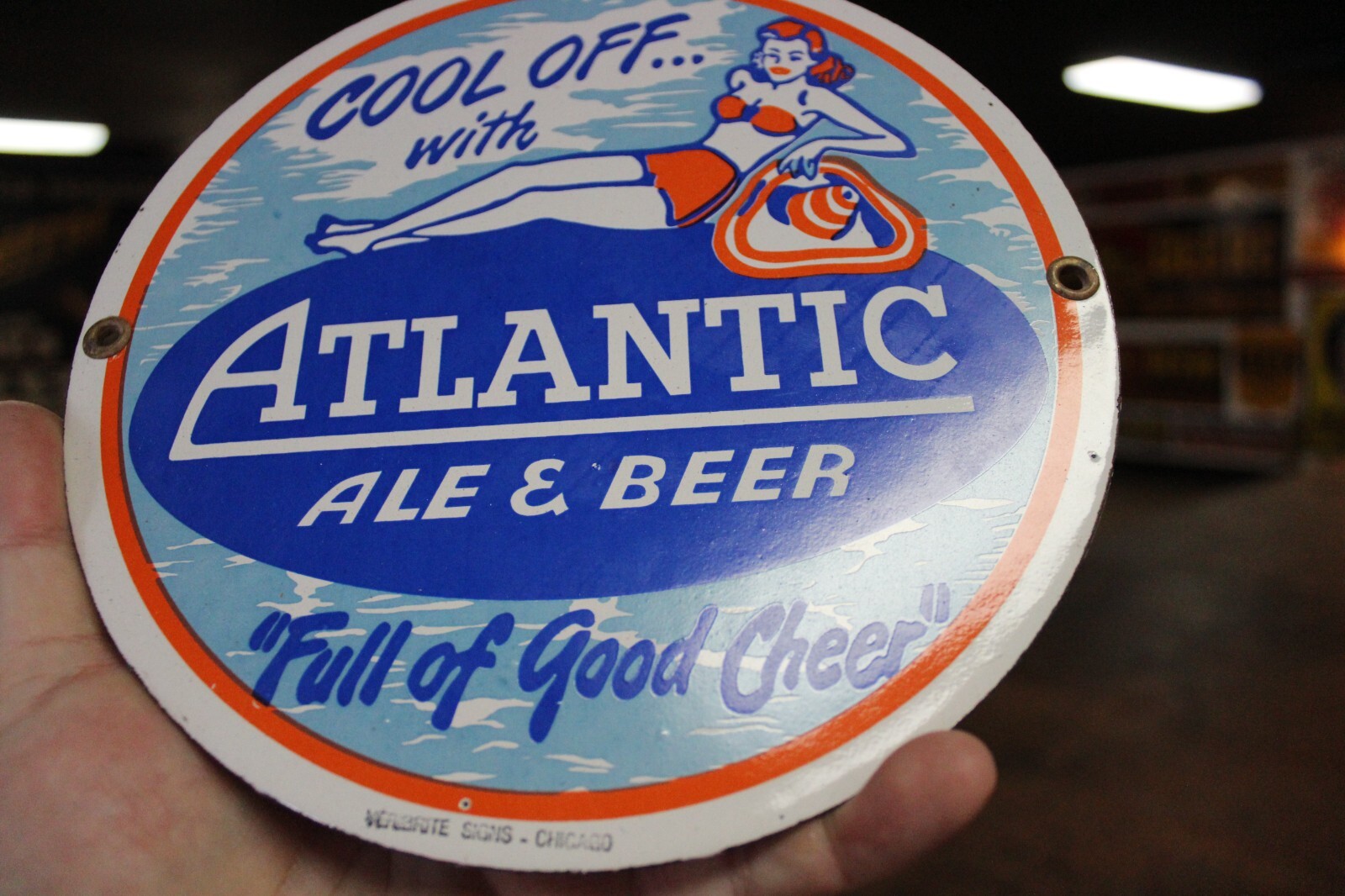 RARE ATLANTIC ALE BEER DEALER PORCELAIN METAL SIGN SWIMSUIT GIRL BEACH MAINE
