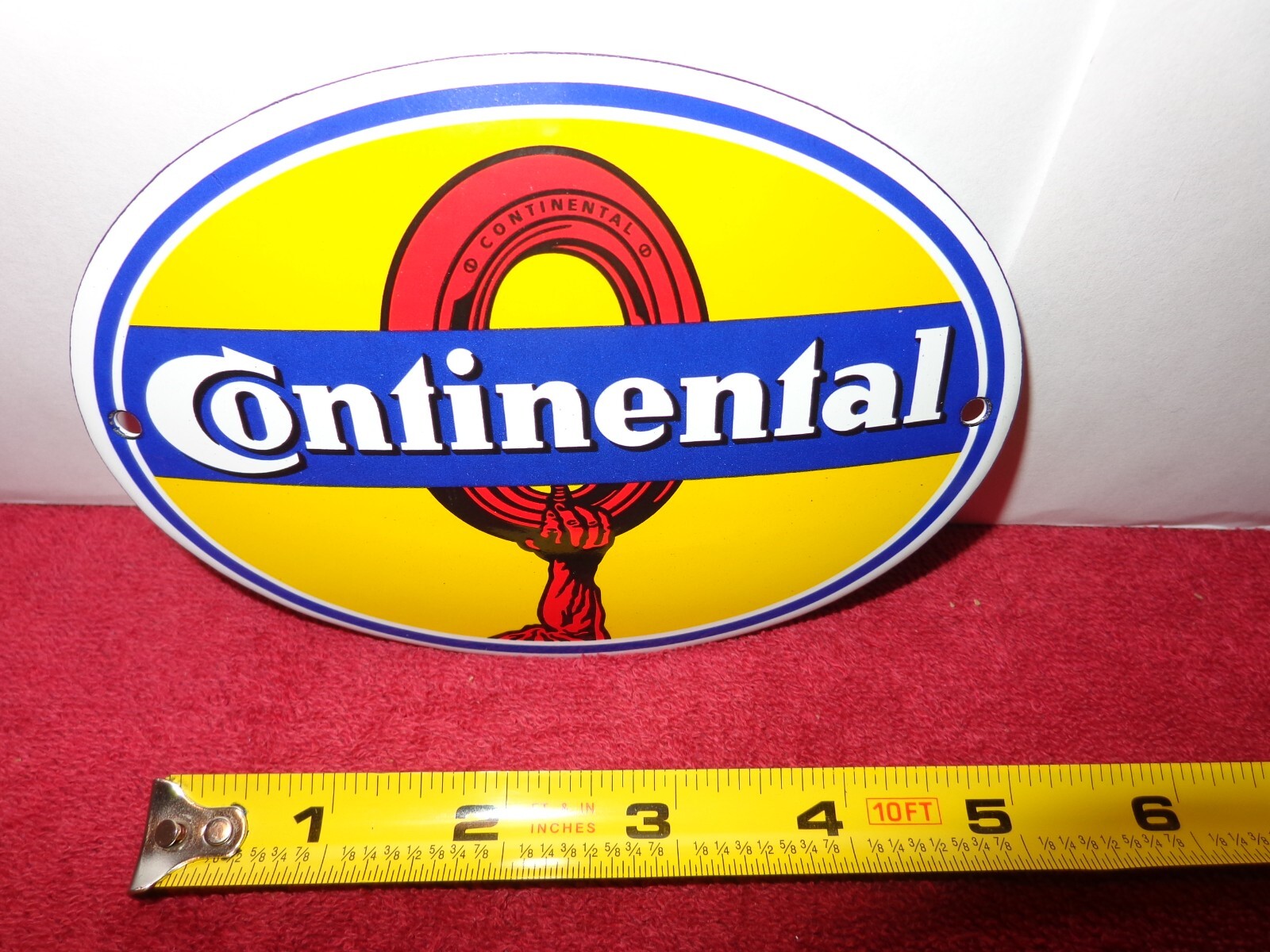 5 7/8 x 3 7/8 in CONTINENTAL TIRE ADV. SIGN DOMED DIE CUT METAL PORCELAIN #Z 159