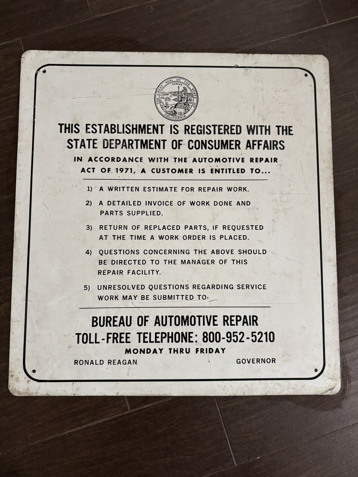 Automotive Repair Act of 1971 Ca Ronald Reagan metal Governor Sign 26″X24″
