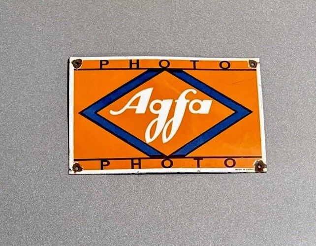 VINTAGE 12” AGFA FILM PHOTOGRAPHY PORCELAIN SIGN CAR GAS TRUCK OIL MOTORCYCLE