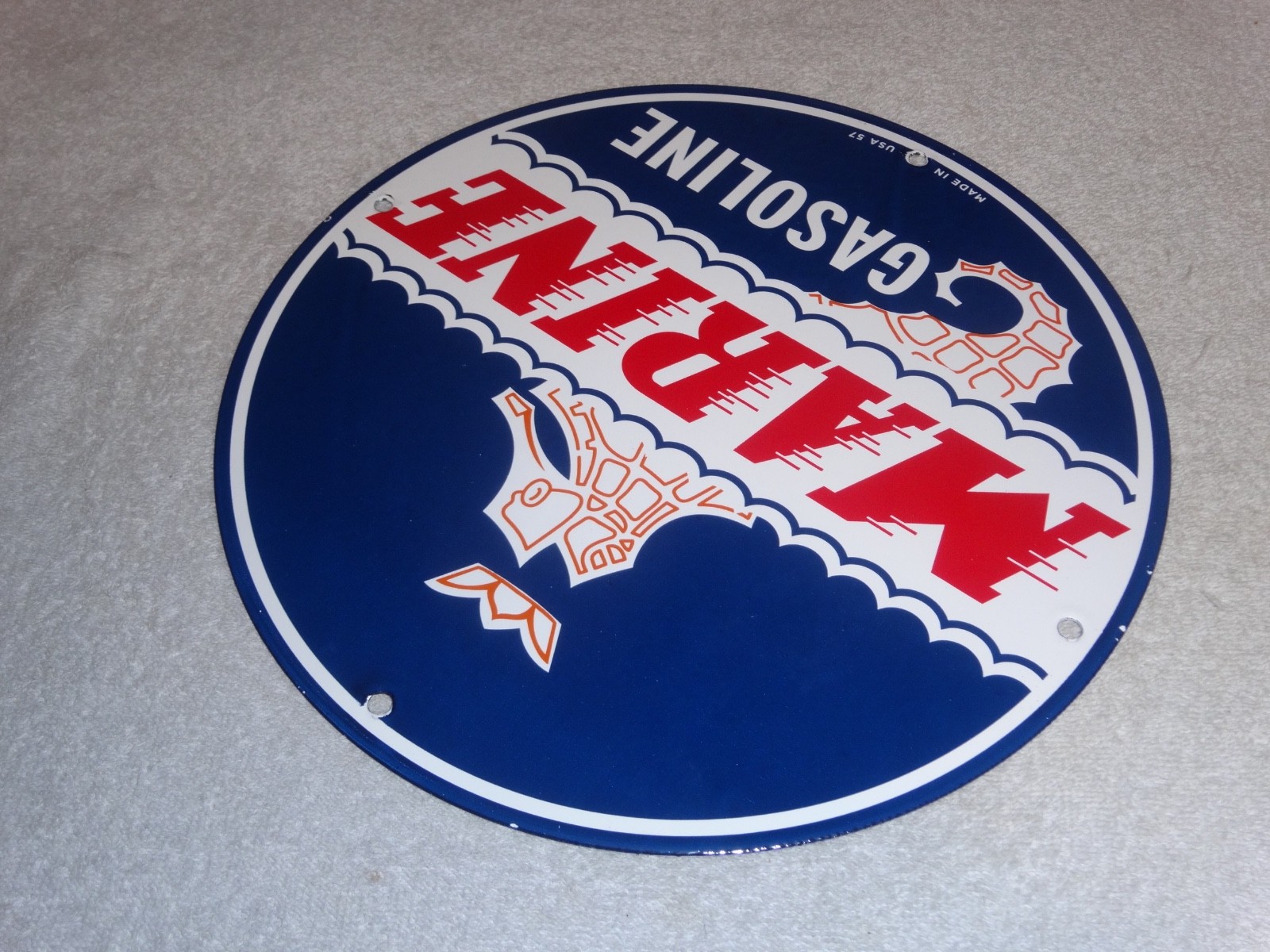 VINTAGE 1957 MARINE GASOLINE EVINRUDE JOHNSON OUTBOARD BOAT MOTOR PORCELAIN SIGN