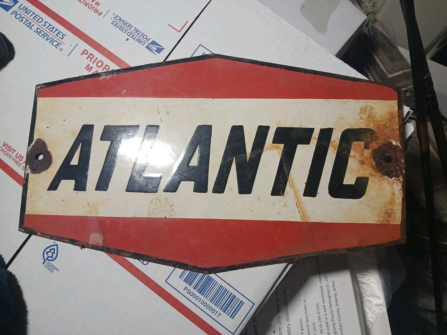 Vintage Large Porcelain Metal Atlantic Gas Oil Pump Plate Advertising Sign